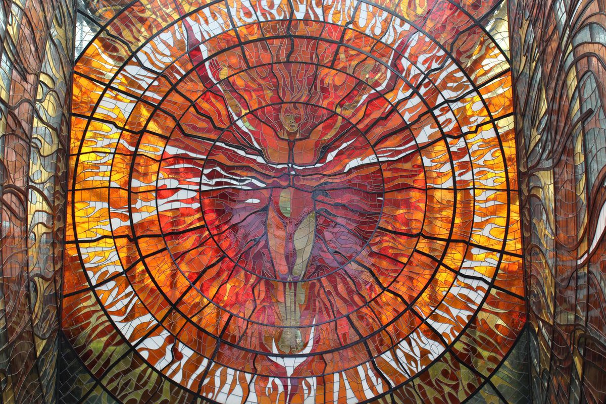 Stained glass window with fire image