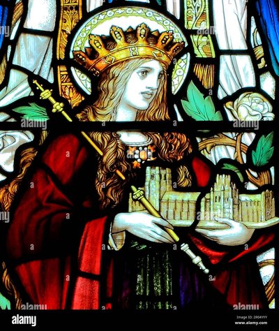 st-etheldreda-abbess-of-ely-7th-century-saint-stained-glass-1895-blakeney-church-norfolk-england-2R04YYY-319047577